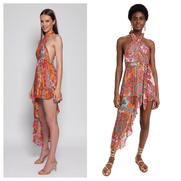 Sundress Amina Dress Size Large Fuchsia orange Print Halter Neck Asymmetric Hem - Picture 8 of 14